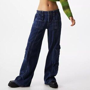 BDG Y2K Cargo Dark Blue 100% Cotton Rigid Denim Low Rise Wide Leg Jeans size 27